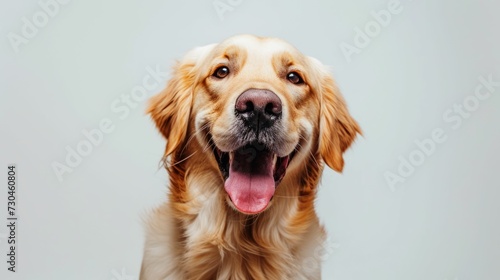 Minimalist portrait of a smiling dog influencer. Pure white background. Focus on joy and simplicity