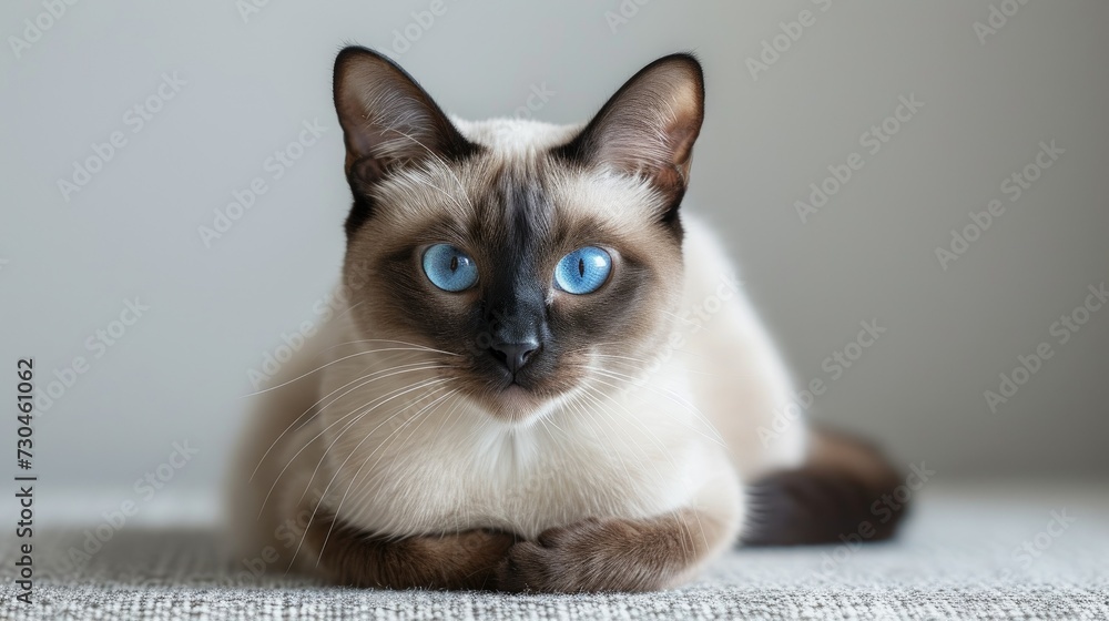 With a soft-focus background, this portrait showcases a Siamese cat with deep blue eyes and distinctive color points, radiating elegance and curiosity.