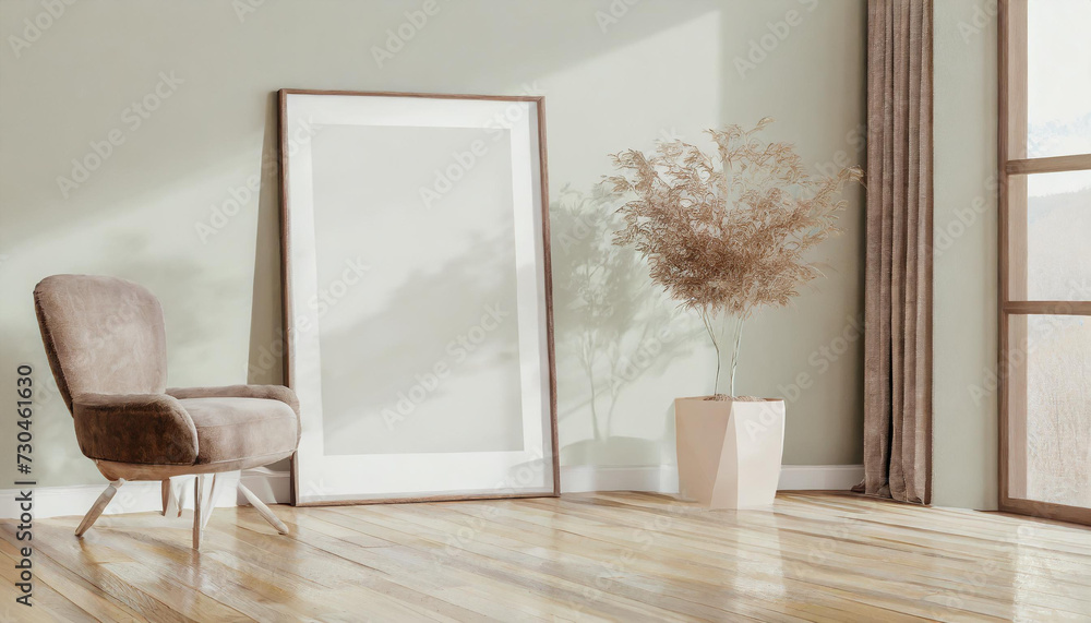 Poster frame with glass mockup closed on empty interior background, modern wooden floor texture, 3d rendering Poster frame with glass mockup closed on empty interior background, modern wooden floor texture, 3d rendering