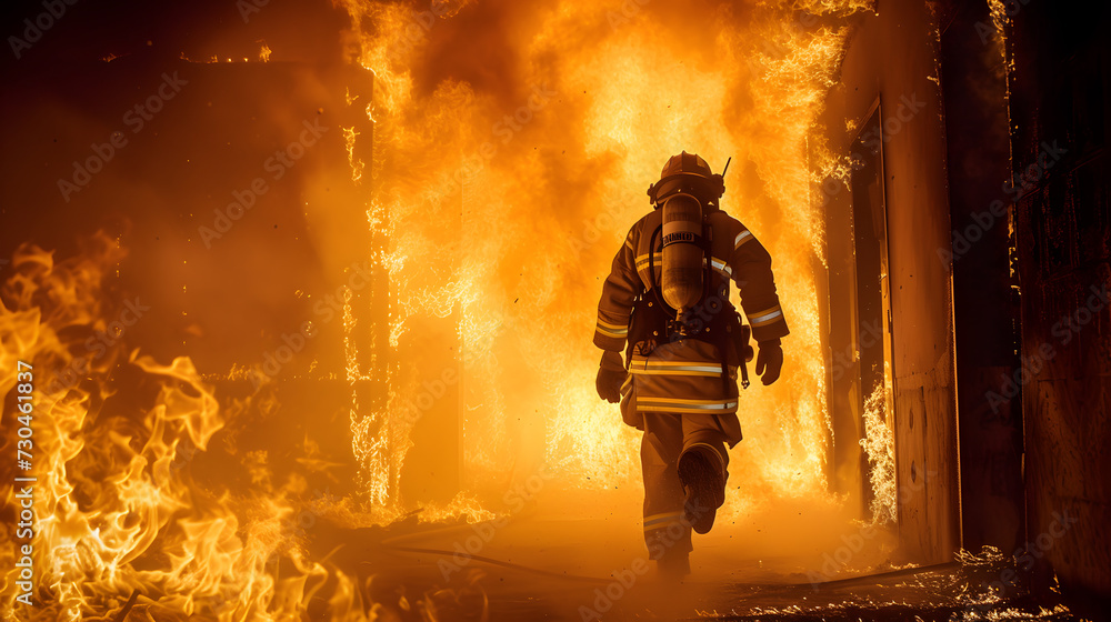 A firefighter running into a burning building, with flames and smoke all around them.