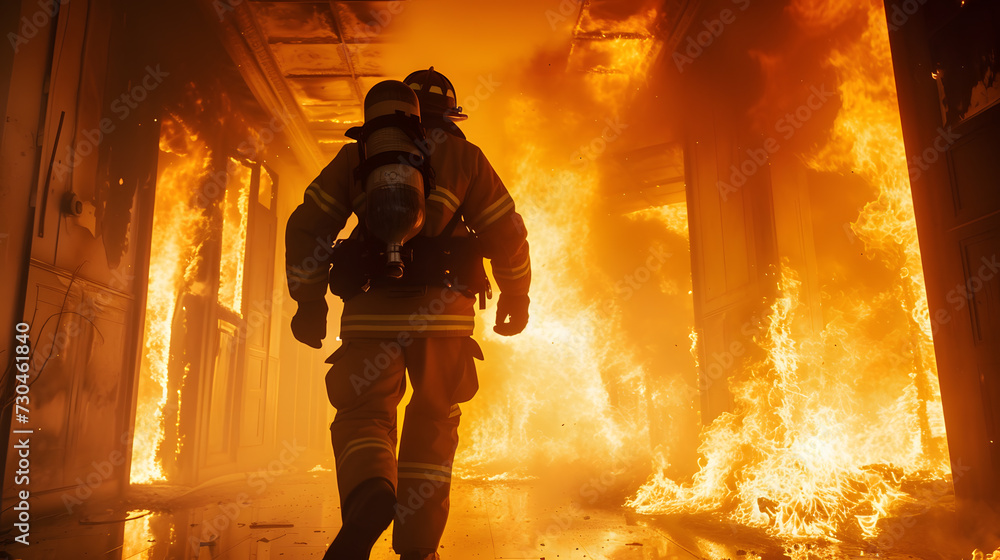 A firefighter running into a burning building, with flames and smoke all around them.