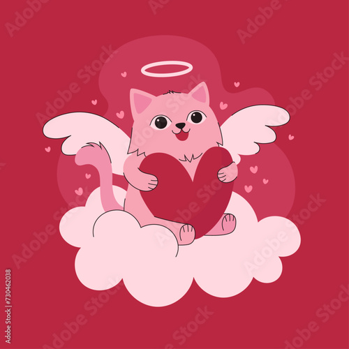 Flat valentine's day illustration in pink colors. Vector hand drawn cupid cat holds the heart