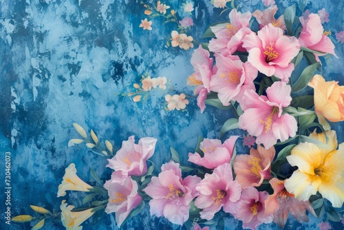 pink and yellow spring flowers on blue background Generative AI