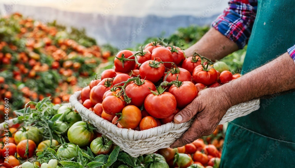 Freshly harvested tomatoes in farmer's hands.  Harvest agriculture concept.