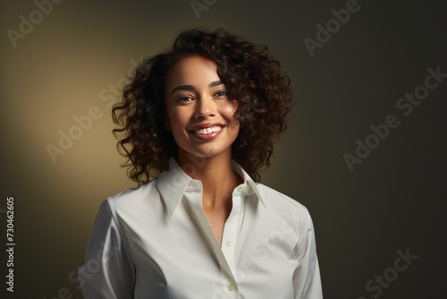 Confident, stylish and attractive young Afro-Black woman exudes happiness professionalism in a stock photo, dressed in business casual attire suitable for the office. Generative AI.