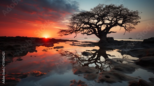 A lone tree silhouetted against a fiery sunset sky with reflections in still water