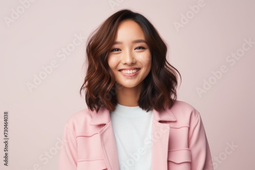 happy smiling young asian woman in pink coat, over pink background