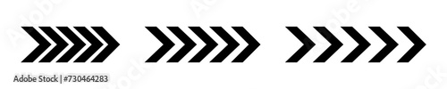 Set of black chevron arrows. Repeated V shaped stripes. Road caution, army, military, navigation signs isolated on white background. Pointer, next, downloads symbols. Vector graphic illustration.