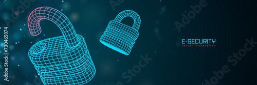 Futuristic cybersecurity vector illustration. Wireframe locks on blue blur background. Padlock technology, cybersecurity, and digital connection.
