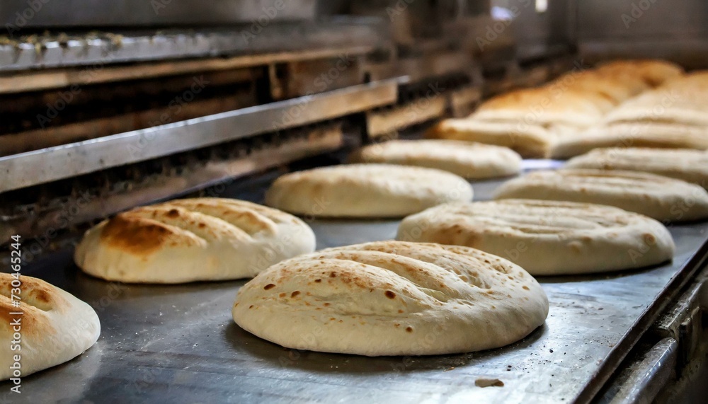 Flatbreads. fresh pita taken from oven. Fresh round pita is taken from the oven. bread of factory Flatbreads. fresh pita taken from oven. Fresh round pita is taken from the oven. bread of factory