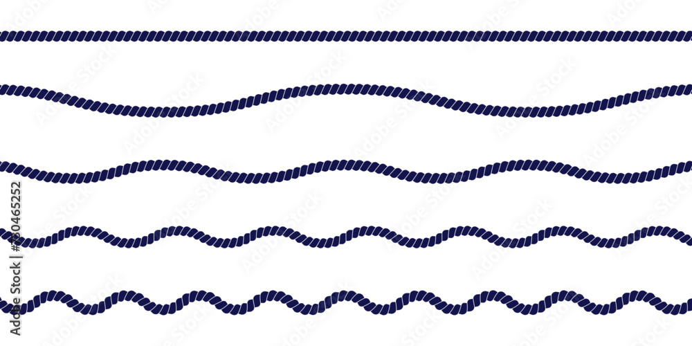 Different straight and wavy rope borders. Cord, thread, cable, twine, jute isolated on white background. Design elements on marine, sailor, yacht, nautical theme. Vector flat illustration. Different straight and wavy rope borders. Cord, thread, cable, twine, jute isolated on white background. Design elements on marine, sailor, yacht, nautical theme. Vector flat illustration.