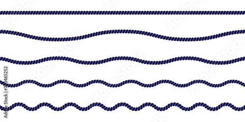Different straight and wavy rope borders. Cord, thread, cable, twine, jute isolated on white background. Design elements on marine, sailor, yacht, nautical theme. Vector flat illustration.
