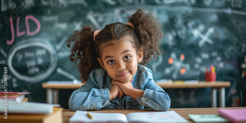 Beautyful black litle girl sittin listening and looking at the camera at the school with blackboard background big blue eyes, classroom photo