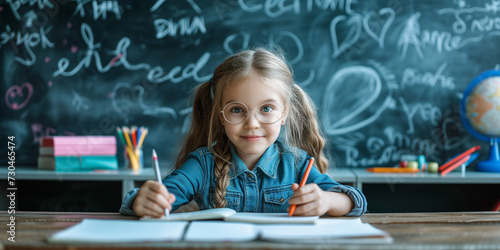 Beautyful litle girl wear glasses and sittin listening and looking at the camera at the school with blackboard background big blue eyes, classroom photo