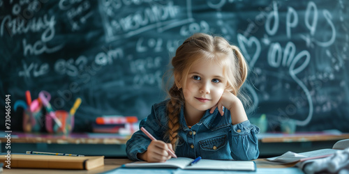 Beautyful litle girl sittin listening and looking at the camera at the school with blackboard background big blue eyes, classroom photo