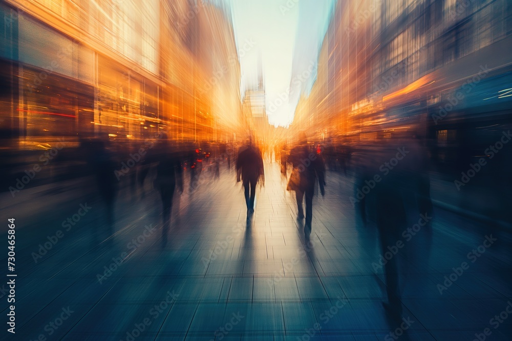 A blurry photograph capturing the movement of people as they walk down a bustling city street.