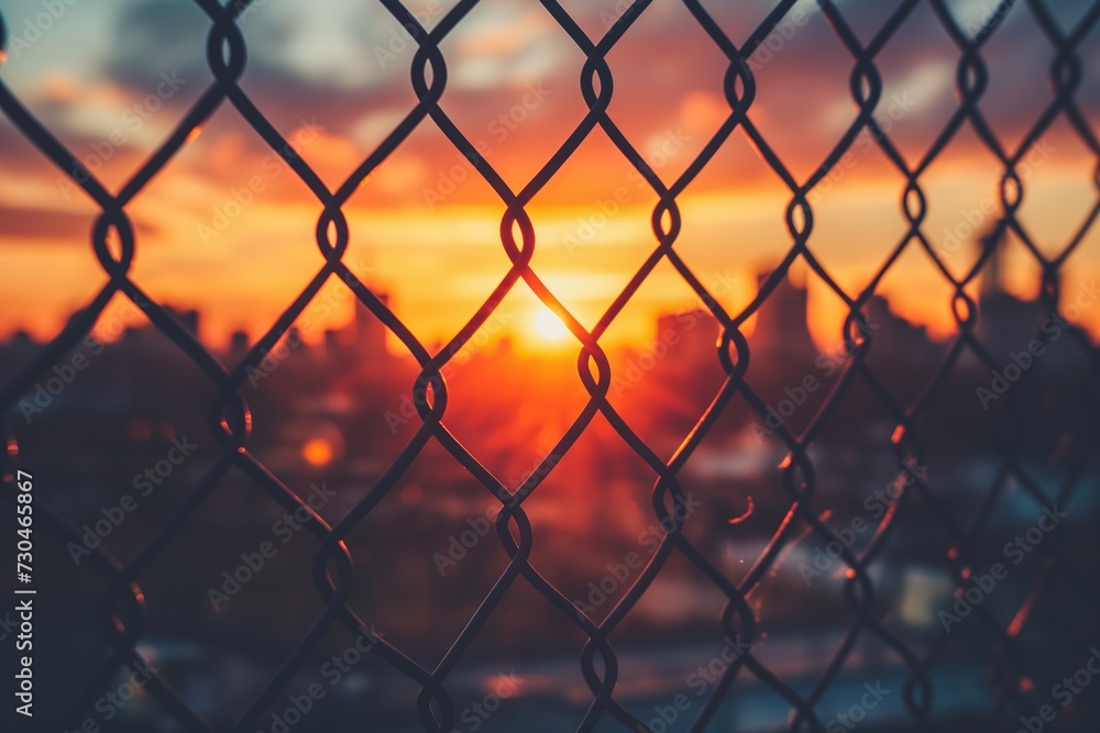 A beautiful sunset can be seen through a chain link fence, casting striking shadows and creating a unique visual effect.