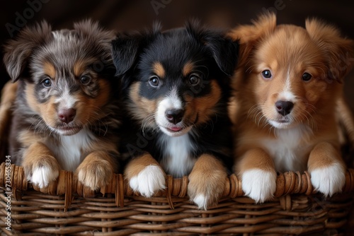 Three adorable puppies of unknown breed sit closely together inside a small basket, displaying their companionship and youthful charm. © Joaquin Corbalan