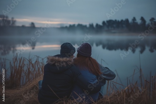 Two individuals sitting on the shoreline of a lake, enjoying the view and the tranquility of the surroundings.