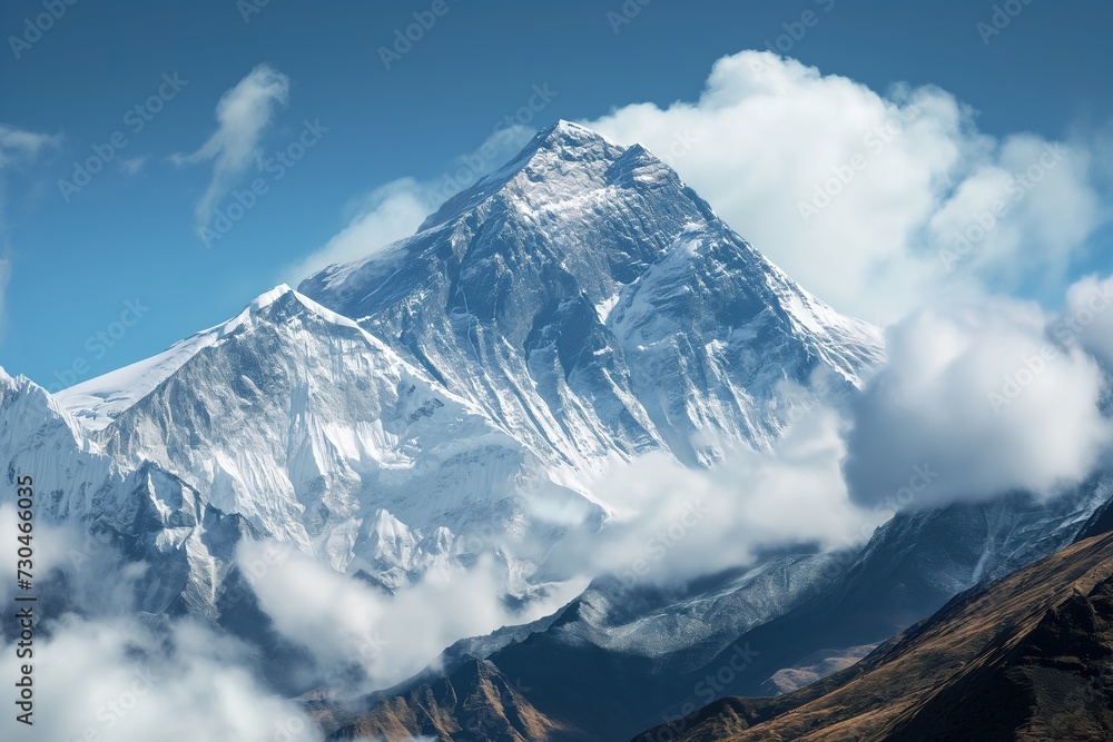A stunning photo of a towering snow-covered mountain with billowing clouds in the foreground, creating a captivating contrast between the stark landscape and the ever-changing sky.