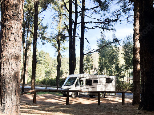 Modern motorhome camper van rv vehicle parking in the outdoors nature park with high scenic trees in background. Concept of travel and alternative vanlife house vacation. Freedom life and holiday