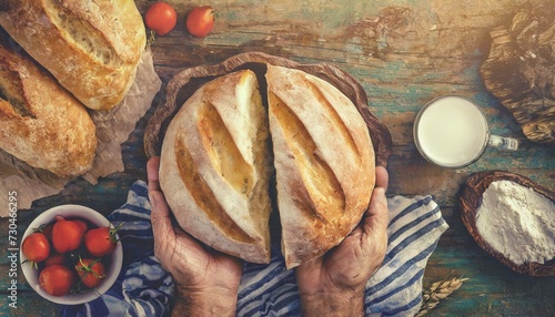 Broken white bread in male hands, vintage toning	
 photo