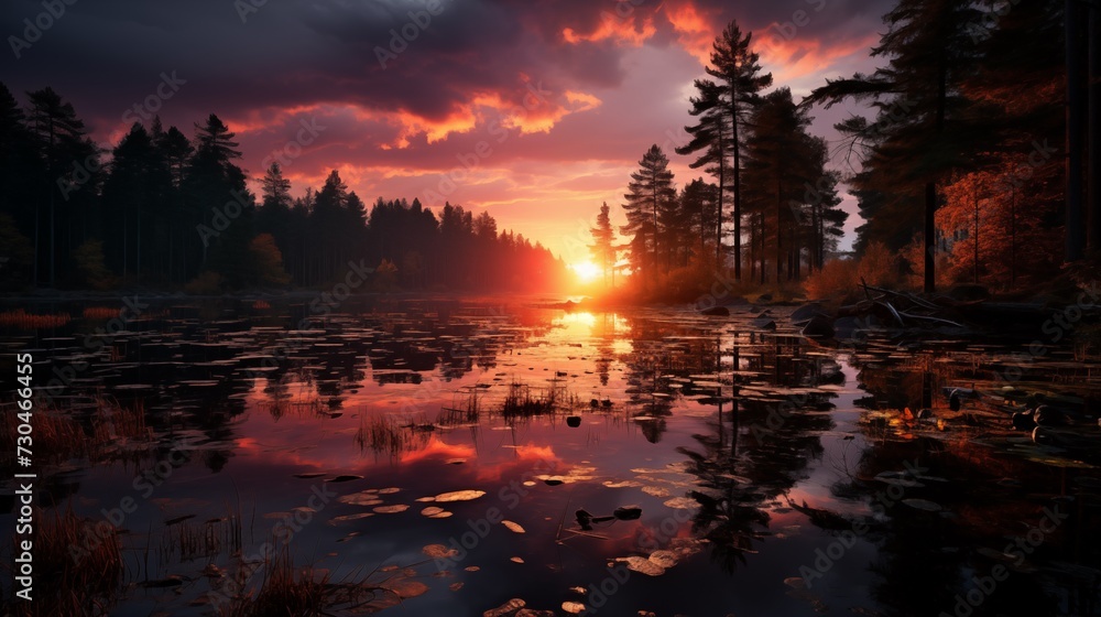 The sun sets over a serene lake surrounded by trees and rocks, reflecting vibrant colors in the water