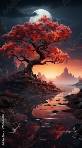 A fantasy landscape with a crimson oriental cherry  a full moon  and a reflective river against a dramatic sky