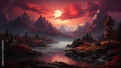 A tranquil river flows through a mountainous landscape under a sunset sky with the moon rising