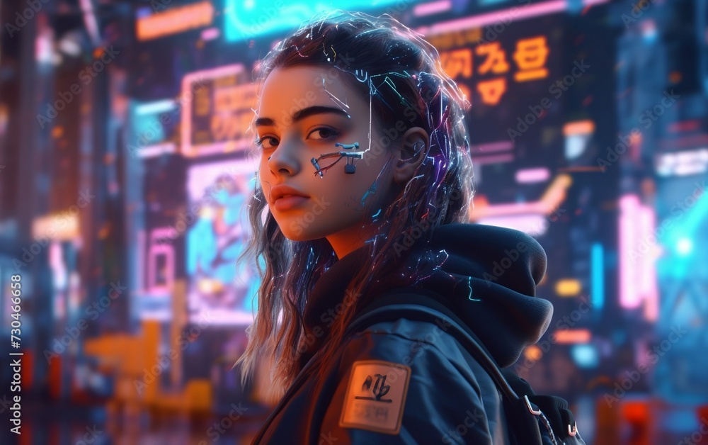 Woman in Futuristic City With Neon Lights