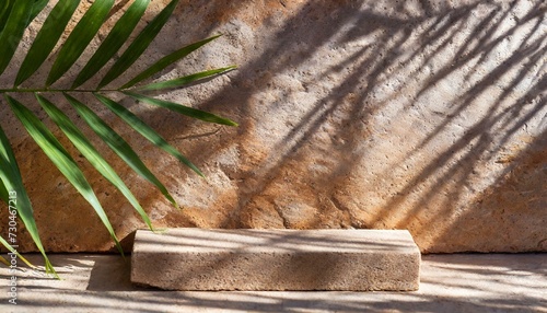 Podium with tropical palm leaf shadow on natural stone wall.