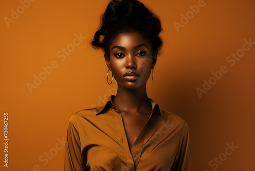 A black female model wearing a simple and elegant orange shirt