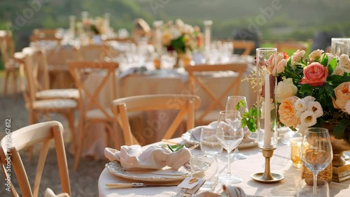 Indulge in the romantic ambiance of an Italian villa adorned with exquisite wedding decor. This stock footage captures the charm and elegance of a dreamy celebration amidst the scenic beauty of Italy.