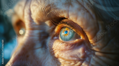 In this compelling close-up, the reflection of a vibrant landscape is captured within the eye of an elderly person, serving as a poignant symbol of the profound depth of life's experiences. © NaphakStudio