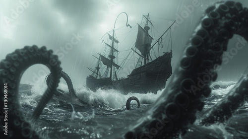 Giant tentacles from an aggressive unknown sea creature attack an old wooden ship photo