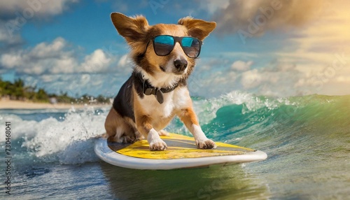 Dog surfing on a surfboard wearing sunglasses at the ocean shore  © adobedesigner