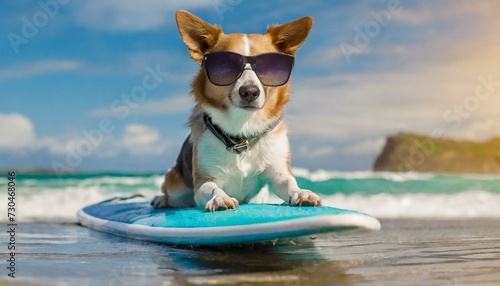 Dog surfing on a surfboard wearing sunglasses at the ocean shore   © adobedesigner