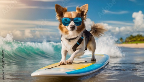 Dog surfing on a surfboard wearing sunglasses at the ocean shore 