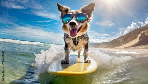 Dog surfing on a surfboard wearing sunglasses at the ocean shore   © adobedesigner