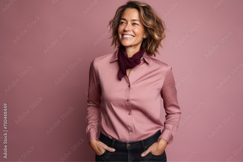 Portrait of a smiling businesswoman in pink shirt and purple scarf Portrait of a smiling businesswoman in pink shirt and purple scarf