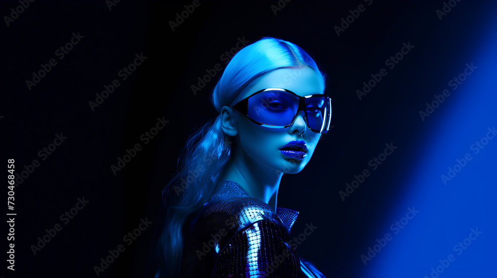 Futuristic Fashion Model in Blue Neon Light, Cyberpunk Style with Copy Space Futuristic Fashion Model in Blue Neon Light, Cyberpunk Style with Copy Space