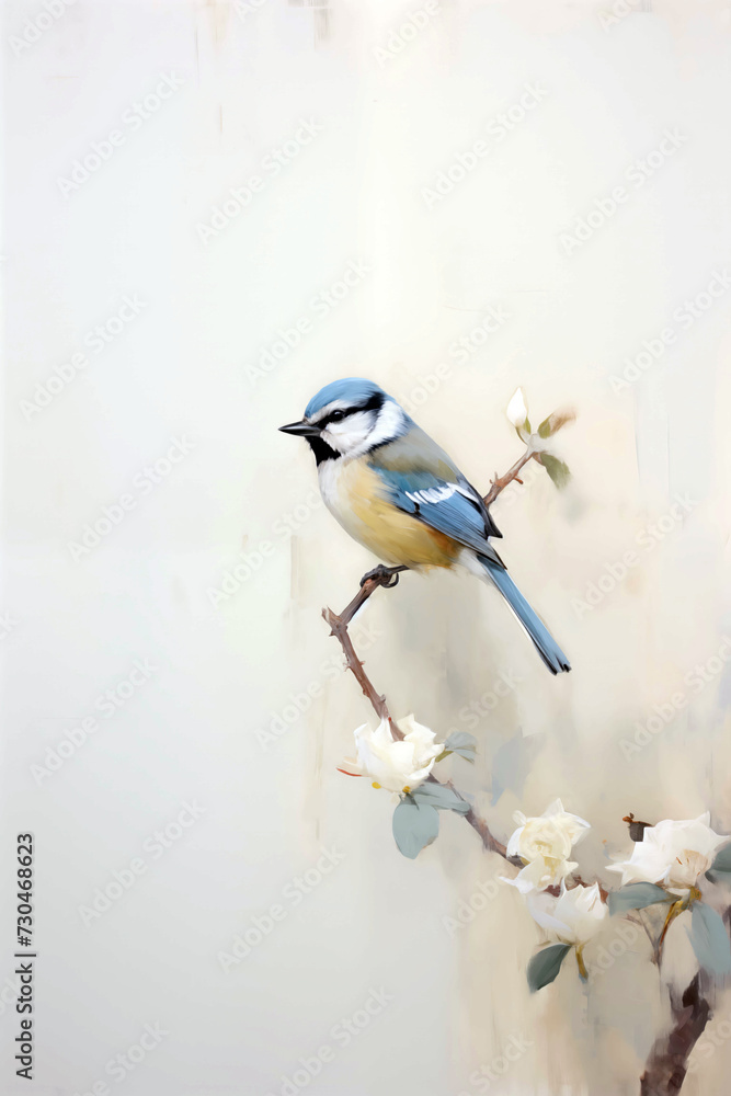 Digital art in mix media style, A blue tit on a apple tree branch surrounded by blossom