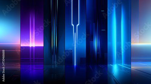 Futuristic Blue Neon Corridor, Abstract Light Installation, Modern Architecture with Copy Space