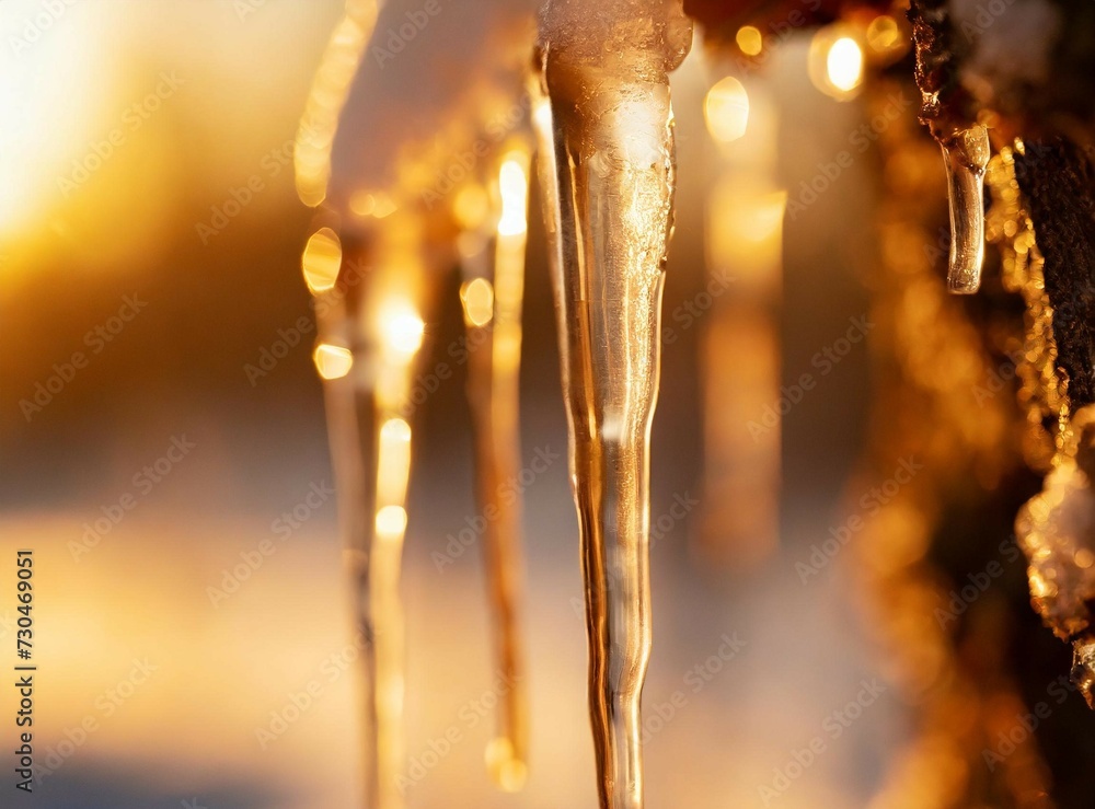Melting icicles in the late winter, creating a bright and glowing scene with a close-up focus