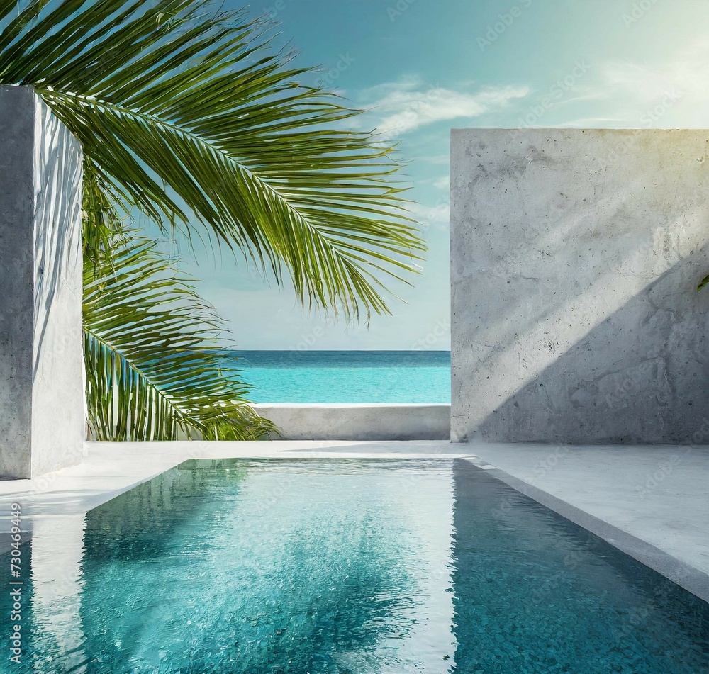 Fototapeta premium Tropical summer background with concrete wall, pool water and palm leaf shadow. Luxury hotel