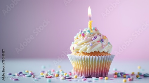 Cupcake decorated with a variety of pastel-colored toppings and a single candle. generative ai