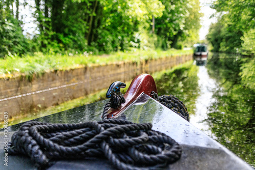 Schilderij op canvas A Peaceful Day at the Wales Canal with a Moored Boat