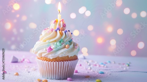 Cupcake decorated with a variety of pastel-colored toppings and a single candle. generative ai