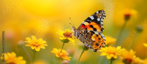 Springtime scene with closed-wing Painted Lady Butterfly on plant stem among yellow flowers in the backdrop.