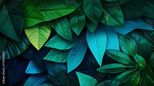 Blue green leaf surface on dark leaf, closeup abstract green big tropical leaves natural texture, large palm foliage, fresh wallpaper.